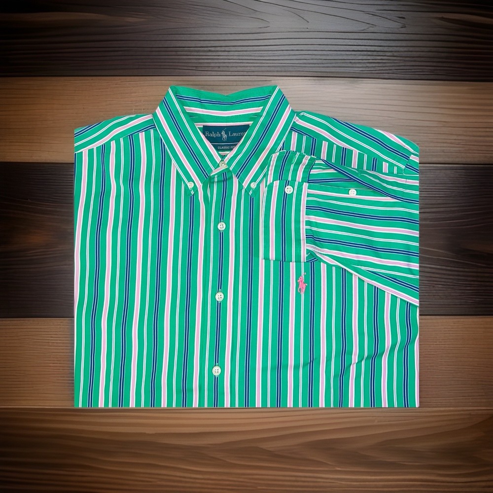 Polo Ralph Lauren Oxford Cloth Green Striped Cotton Button Down Shirt Sz L‎